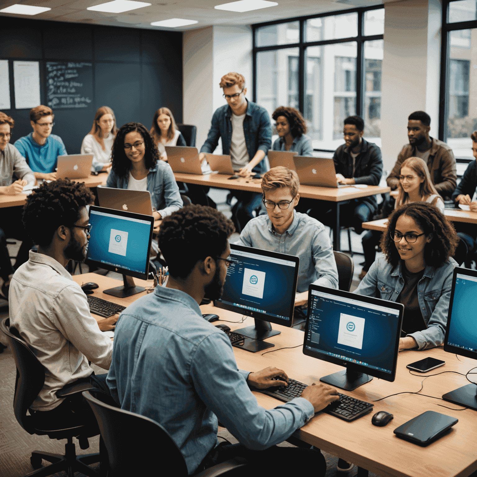 Imagen de un grupo diverso de estudiantes trabajando juntos en computadoras, aprendiendo programación en un ambiente moderno y colaborativo