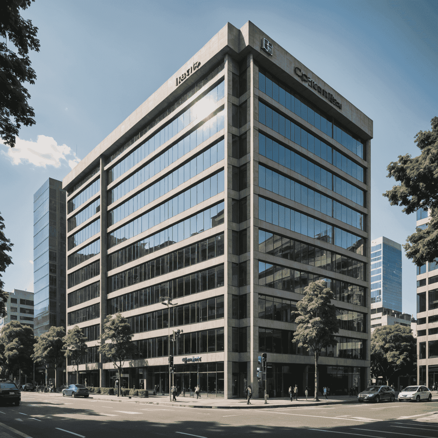 Imagen de un moderno edificio de oficinas en Ciudad de México con logos de empresas tecnológicas