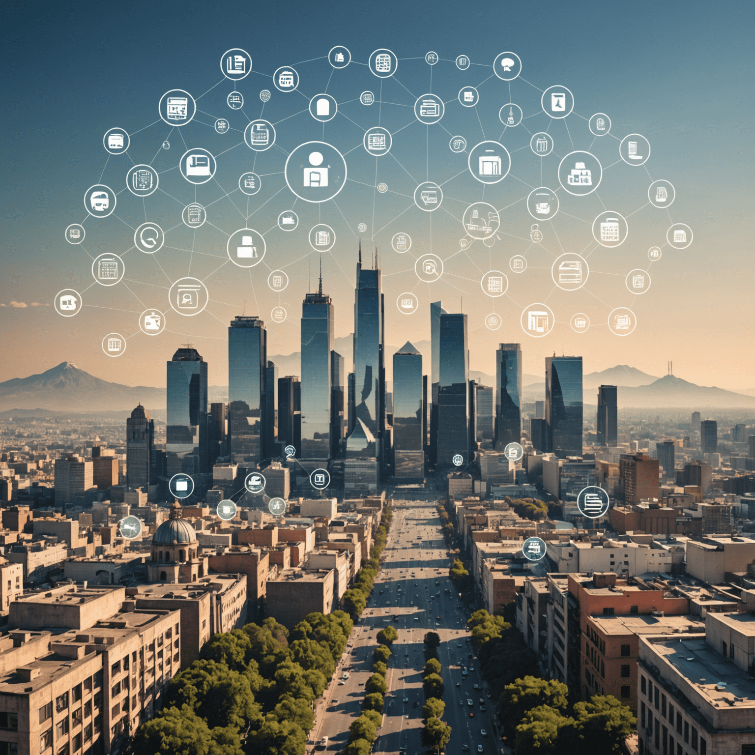 Imagen del skyline de la Ciudad de México con iconos de tecnología superpuestos, representando la industria tecnológica en el país